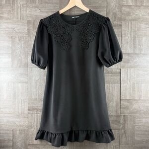 Zara Black Babydoll Puff Sleeve Dress with Floral Knit Collar Detail Size Small